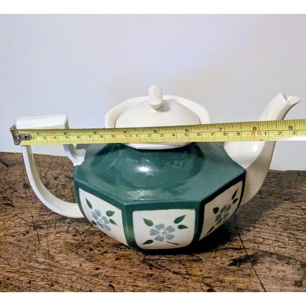 Vintage Porcelier Vitreous China Teapot Green White Geometric Floral  With Lid